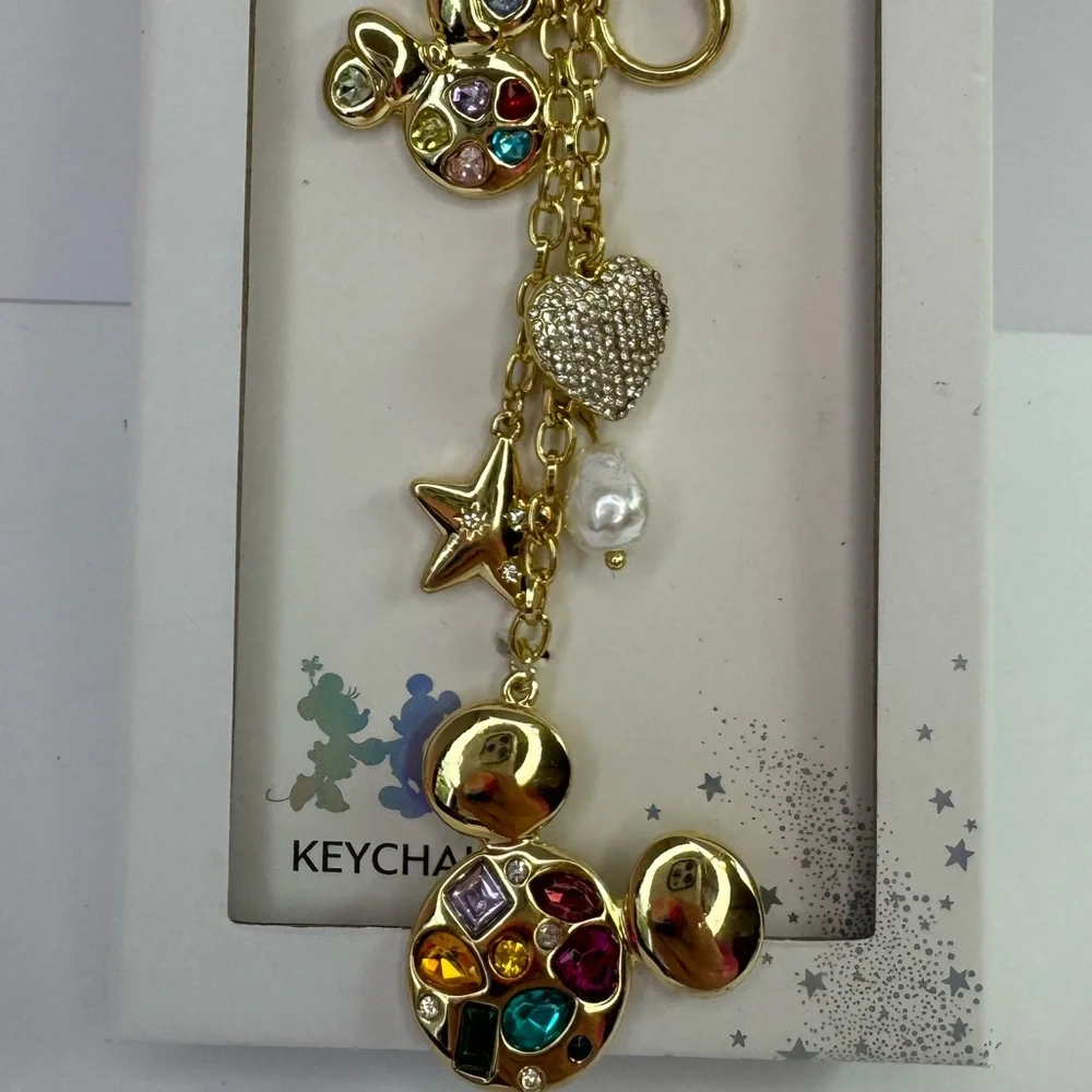 Disney Gold Tone Mickey and Minnie Mouse Charm Keychain